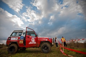 Red truck, dramatic sky